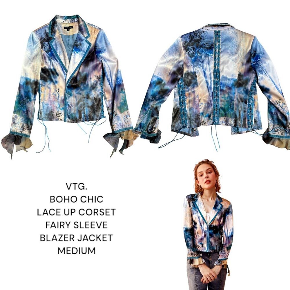 VTG. Y2K BOHO CHIC CORSET FAIRY LACE UP VELVET LINED‎ BLAZER JACKET SZ. 8 MEDIUM